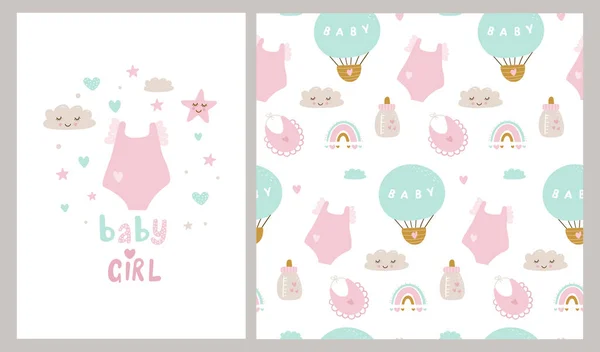 Baby Ντους Χωρίς Ραφή Μοτίβο Και Κάρτα Στοιχεία Παιχνίδι Γάλα — Διανυσματικό Αρχείο