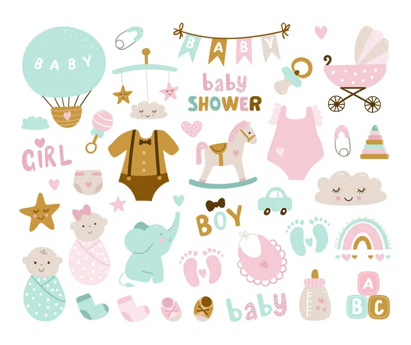 Handritad Baby Shower Set Med Element Elefant Leksak Moln Regnbåge — Stock vektor