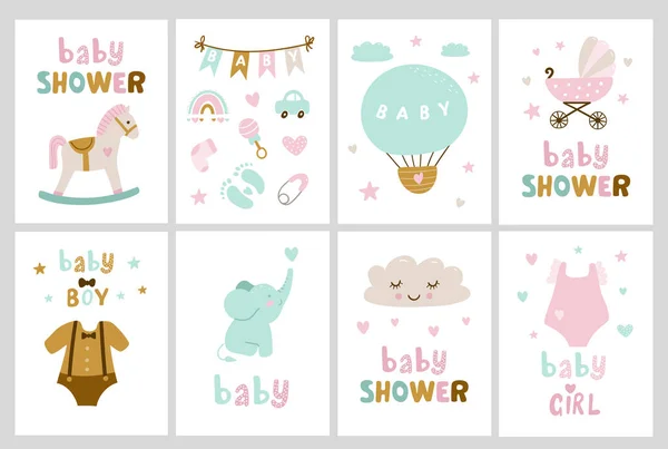 Zestaw Kartek Baby Shower Elementami Słoniem Zabawką Mlekiem Dzieckiem Butelką — Wektor stockowy