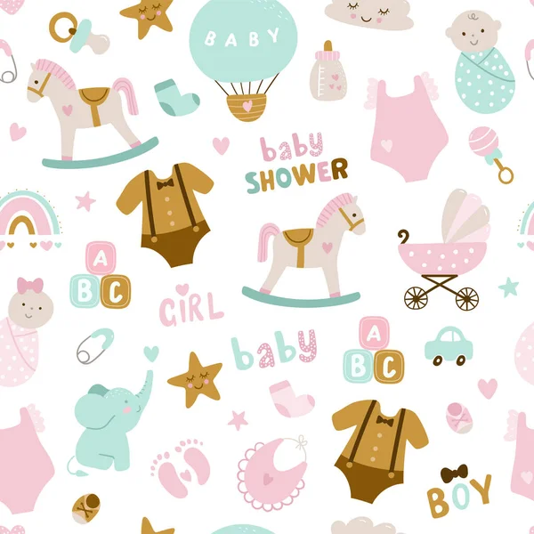 Nahtloses Muster Von Baby Dusche Elementen Elefant Spielzeug Wolke Regenbogen Stockillustration