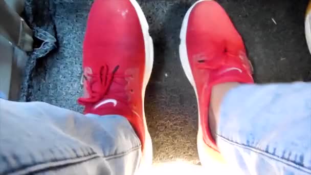 Man Wearing Blue Jeans Dancing His Feet Red Sports Shoes — Stok video