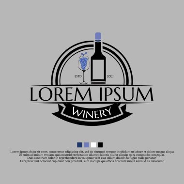 Wine logo, featuring bottle, glass and grapes.