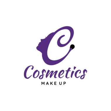 C harfi logo vektörü güzel kadın yüzü ve makyaj fırçasıyla birleşmiş kozmetik, güzellik ve moda işine uygun..