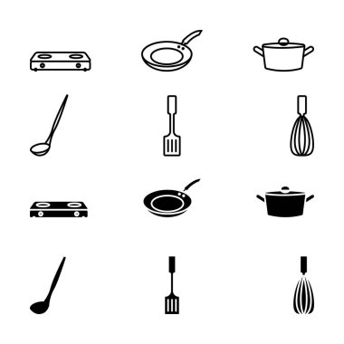 Cookware icons set vector image with black lines and colors, isolated on white background.