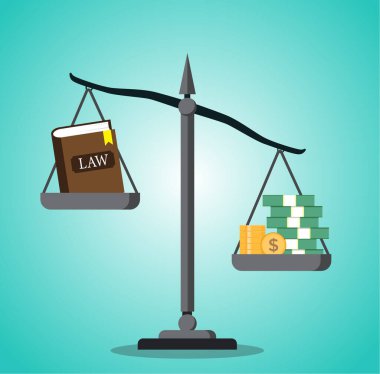 Para ve hukuk kitabını dengeleyen denge, adaletsizlik ve yolsuzluk kavramı, para ve hukuk dengesi vektörü