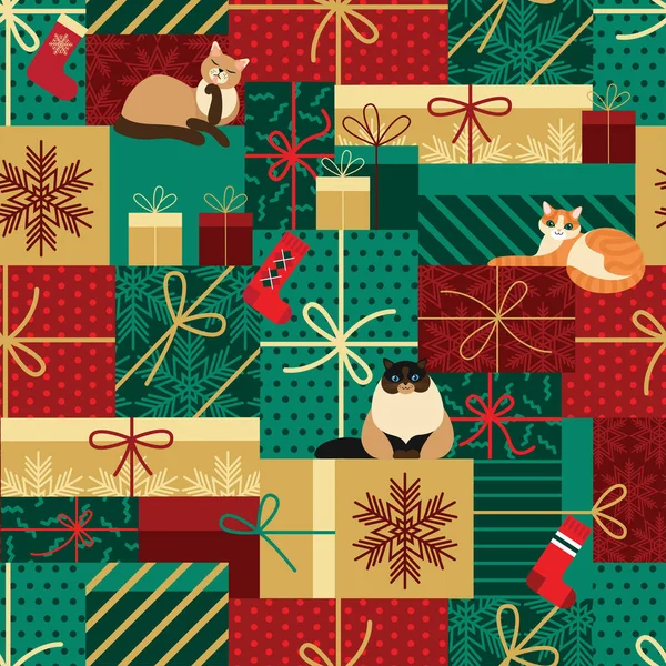 Sömlöst Mönster Festliga Presentförpackningar Och Söta Katter Jul Färgglada Bakgrund — Stock vektor