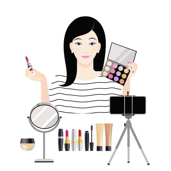 Beleza Blogger Menina Faz Vídeo Tutorial Maquiagem Uma Menina Asiática — Vetor de Stock