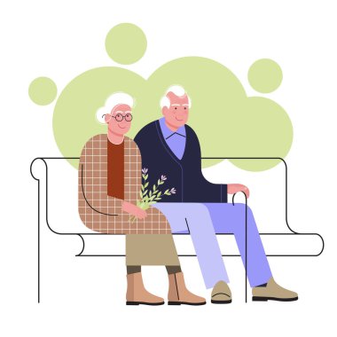 Yaşlı çift bir bahçede ya da parkta bir bankta oturuyor. Büyükannem ve büyükbabam birlikte yürüyorlar, yan yana oturuyorlar. Yaşlı kadın çiçekleri tutuyor. Yaşlılar düz trend tarzında. Stok vektör çizimi. EPS 10.