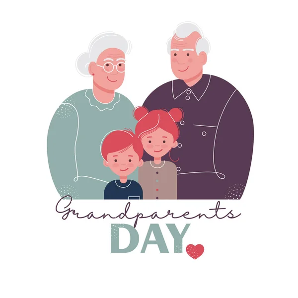 Büyük anne ve büyük baba için yazılmış bir kartpostal. Torunları olan yaşlı bir adam ve bir kadın. Bir oğlan ve bir kız. Mutlu aile, modaya uygun düz bir şekilde çizilir..