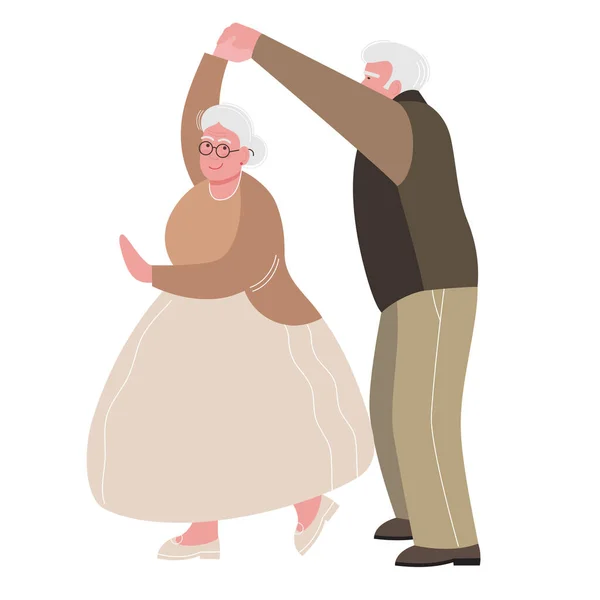 这对快乐的老夫妇在跳舞 一个活跃的老年男子和一个女人牵着手 在舞蹈中旋转 奶奶和爷爷在舞会上 画的风格扁平 与白色隔离 矢量图解 Eps — 图库矢量图片