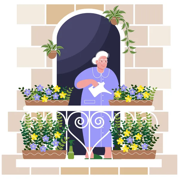 Пожилая Женщина Балконе Ухаживает Небольшим Садом Цветущие Растения Украшают Балкон — стоковый вектор