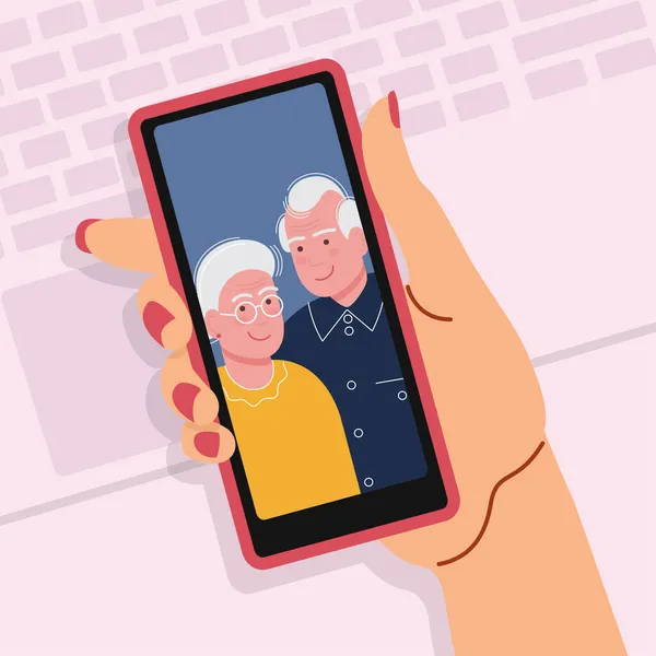 Girl Communicates Elderly Relatives Help Modern Technologies Hand Holdin — Stock Vector
