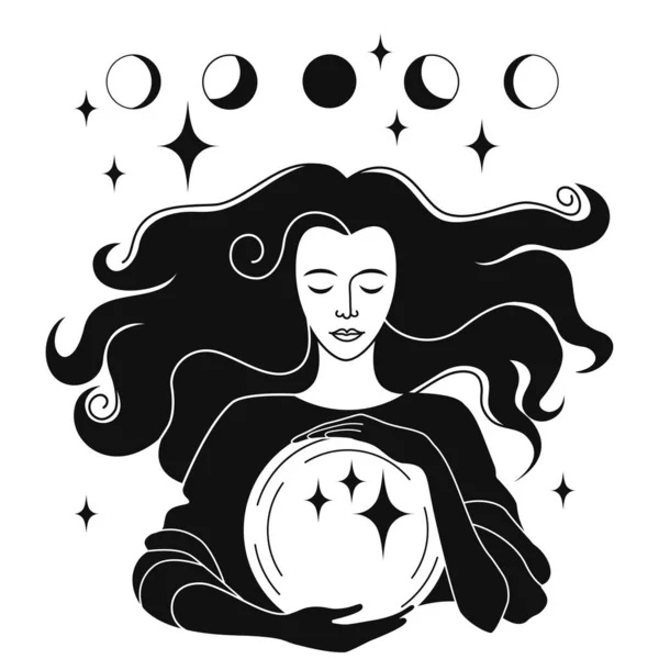 以占卜 巫术和魔法为主题的黑白线画 一个头发飘扬的巫婆拿着一个魔法球 库存矢量图解 Eps 图库插图