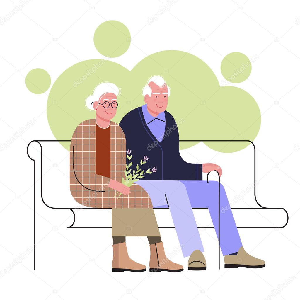 elderly couple is sitting on a bench in a garden or park. grandma and grandpa are walking together, sitting next to each other. elderly woman holds flowers. concept of elderly people in a flat trending style. stock vector illustration. EPS 10.