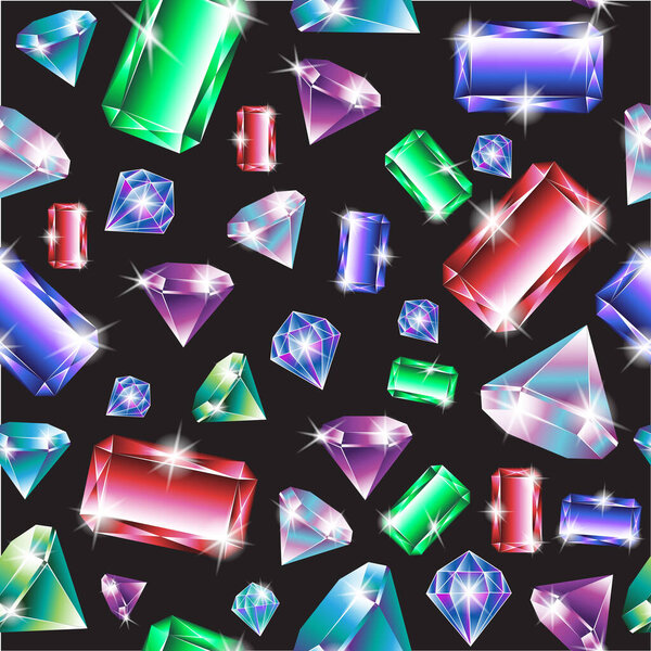 multicolored gems form a seamless pattern on a black background. vector illustration. EPS 10.
