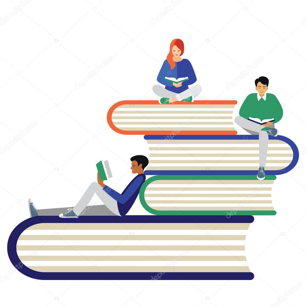 young people of different nationalities, men and women, read books. they are sitting in different positions on a large stack of books. concise color scheme. a drawing in the style of the cartoon. stock  illustration. 