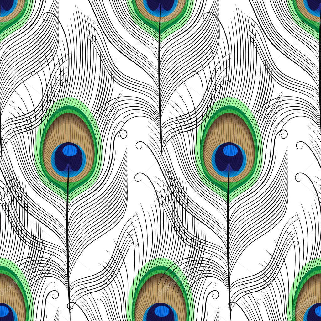 seamless pattern of peacock feathers on a white background. linear vector graphics on an animalistic theme. stock vector illustration. EPS 10.