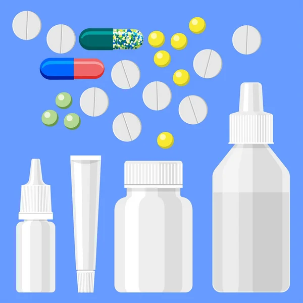 Prodotti Farmaceutici Sotto Forma Compresse Pillole Capsule Flaconcini Tubi Imballaggio — Vettoriale Stock