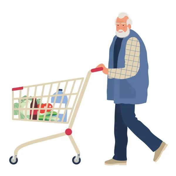 Пожилой Человек Ходит Магазинам Супермаркете Дедушка Катит Тележку Продуктами Концепция — стоковый вектор