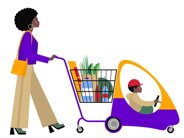 Молодая Черная Женщина Тележкой Супермаркете Покупает Продукты Мама Ребенок Магазине — стоковый вектор