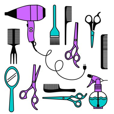 Berber aletleri. Beyaz arka planda izole edilmiş renkli parlak aksanlı çizimler. Güzellik salonunda iş gücü aletleri. Stok vektör çizimi. EPS 10.