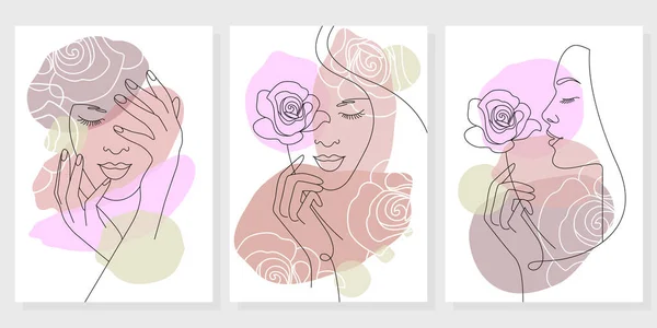 Resumo Cartazes Com Manchas Multicoloridas Retratos Lineares Meninas Cartazes Minimalistas —  Vetores de Stock