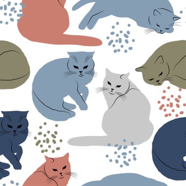 Beyaz arka planda izole edilmiş çok renkli kedilerin kusursuz desenleri. Kedilerin soyut geçmişi. doğrusal çizim ve renkli soyut noktalar. Stok vektör çizimi. EPS 10.