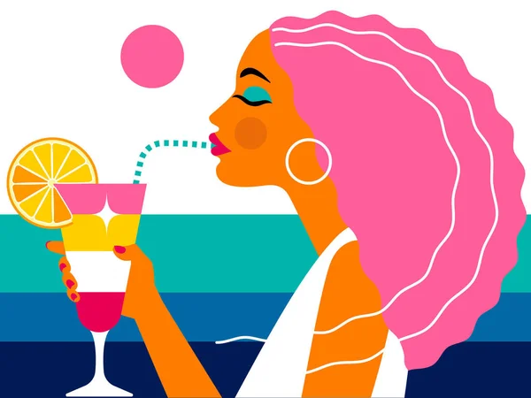 设计的夏季海滩横幅 招贴画风格简约 女孩喝着五颜六色的鸡尾酒 女人正在海滩上放松 海上度假 图库插图