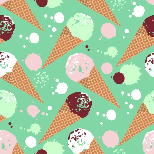 Waffle Külahlarında Kusursuz Renkte Dondurma Deseni Düz Desenli Dokular Tatlıyla — Stok Vektör
