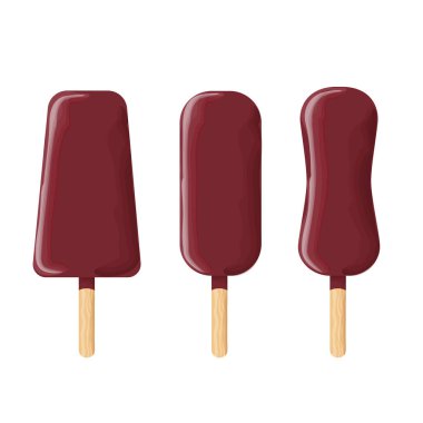 Beyaz arka planda izole edilmiş çubukta çikolatalı dondurma. Buzlu şeklin üç çeşidi suluboya etkisi ile boyanır. Yaz tatlısının bir örneği. Stok vektör çizimi. EPS 10.