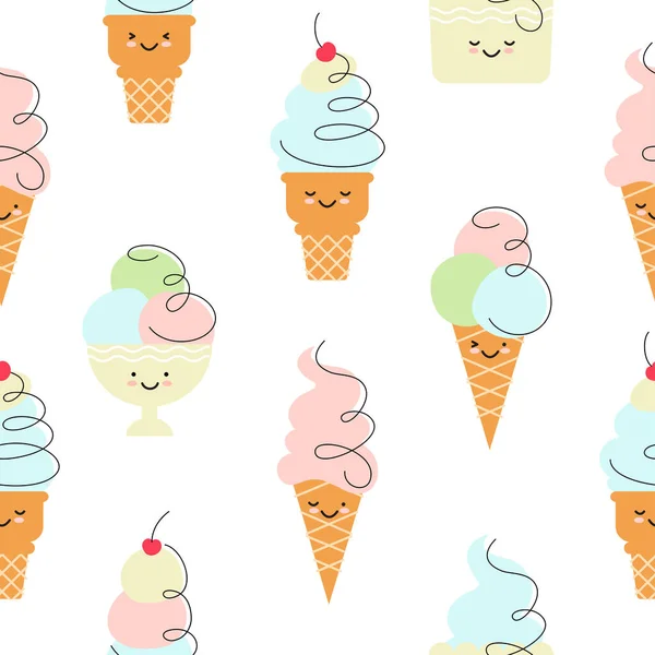 Seamless Pattern Cute Funny Ice Cream Isolated White Background Cartoon — Stock Vector