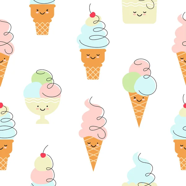 在白色背景上隔绝的可爱而有趣的冰淇淋的无缝图案 卡通风格的冰淇淋为儿童产品设计提供了一个可爱的背景 在各种冰淇淋的风格的Kawaii 库存矢量图解 Eps 图库矢量图片