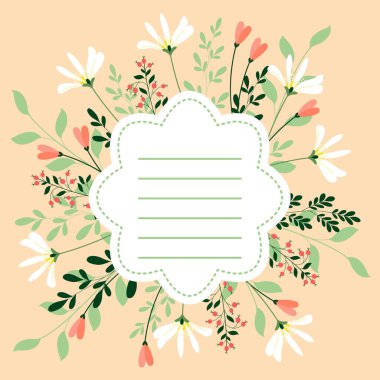 Tatil ya da düğün için kartpostal. Şirin çiçek ve böğürtlenlerden oluşan pembe arkaplanlı saf bir çerçeveye sahip kıvırcık metin arkaplanı. 8 Mart 'ta kadınları tebrik etmek için çiçekli bir kartpostal..