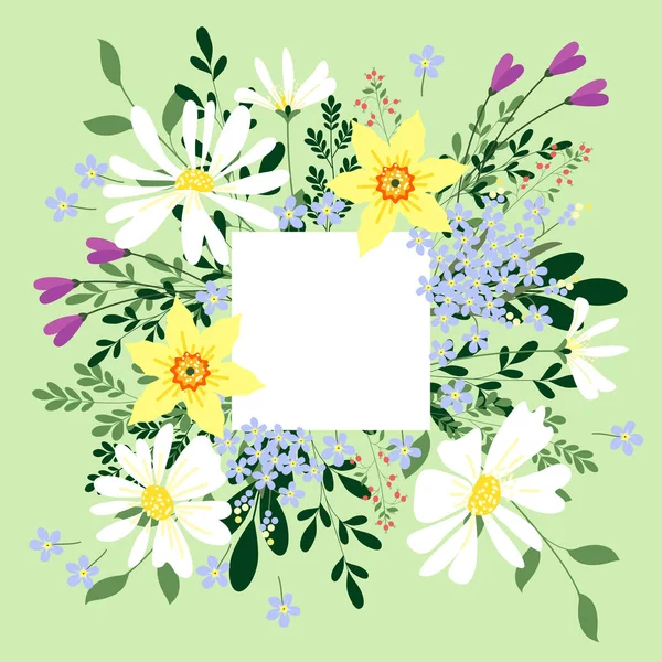 Levelezőlap Tavaszi Vadvirágokkal Egy Szöveges Hely Aranyos Virágok Naiv Stílusban — Stock Vector