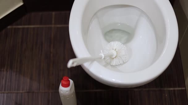 トイレの洗浄 クローズアップ ビデオ4Kの男性は 洗浄するための手段を使用してトイレのボウルをきれいにします — ストック動画