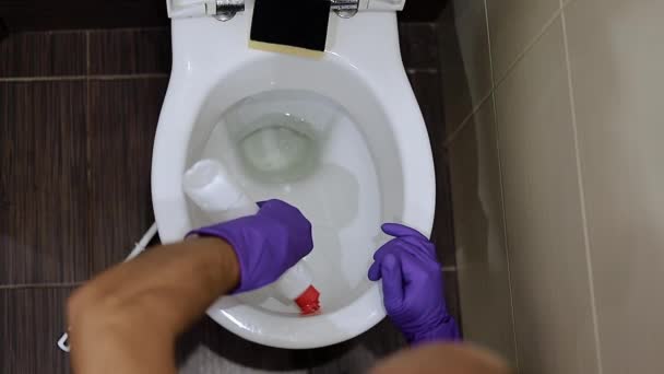 Mannen Jobbet Mannen Med Gummihandske Städar Toalett Skål Med Medel — Stockvideo