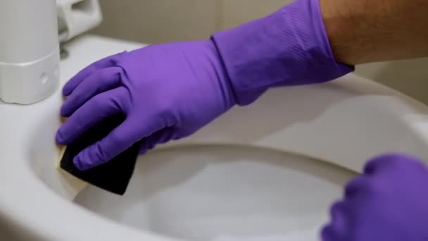 Point View Shot Man Sanitary Gloves Washes Toilet Bowl — Stock Video