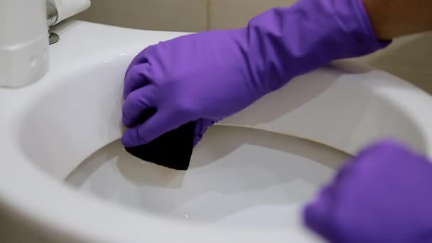 Cleaning Toilet Man Rubber Gloves Washes Toilet Brush Toilet Cleaner — Stock Video