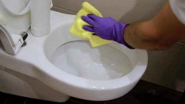 Housekeeper Protective Gloves Hands Cleaning Bathroom Faience Water Wipe Domestic — Stock Video