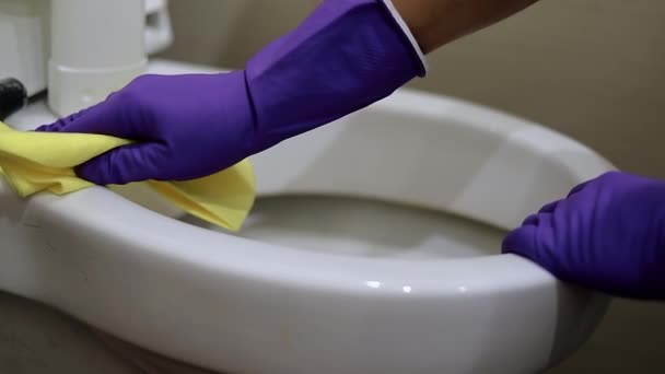 Hausreinigung Ein Mann Gummihandschuh Wäscht Die Toilette — Stockvideo