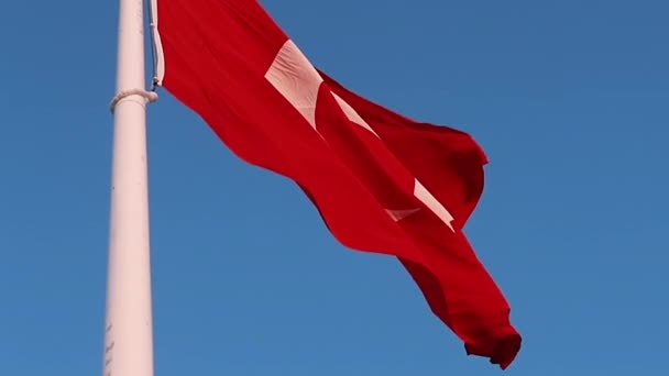 Bandeira Vermelha Turca Voa Vento Contra Céu Azul Símbolo — Vídeo de Stock
