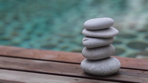 Zen Stone Stacking Pool Sun Rise Video Spa Relaxation Summers — Stock Video