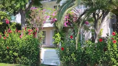 Parlak, güneşli bir günde, güzel manzaralı lüks bir evin girişi, modern tasarım..