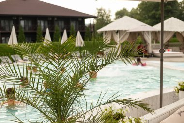 arka bahçede şelale ve sıcak küvet ile konut inground havuz