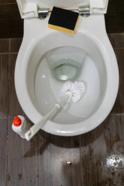 Young Man Cleaning Toilet Bowl Bathroom — Stock Photo, Image