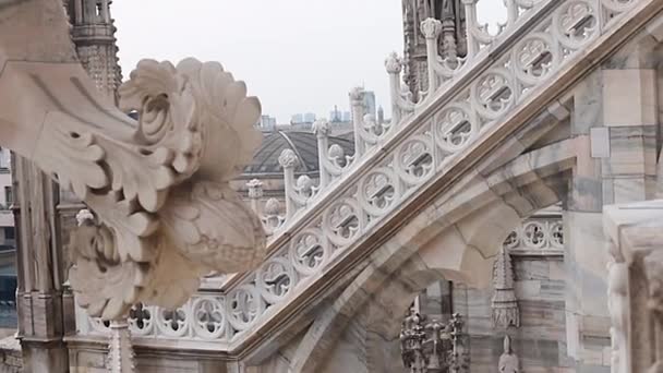 イタリア ミラノの広場にある有名なドゥオモ ミラノ大聖堂の屋根の上に白い大理石の彫像 — ストック動画