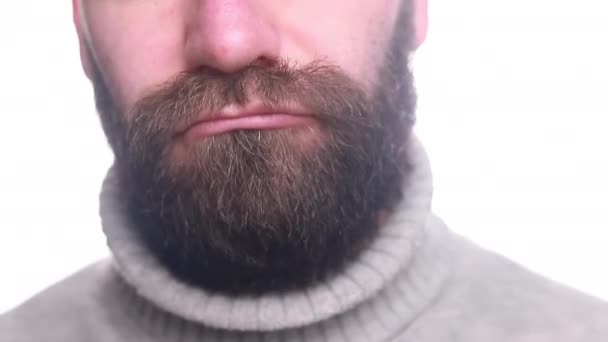 Bellezza Uomo Adulto Con Barba Nera Baffi Usura Borse Labbra — Video Stock