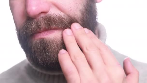 Close View Male Face Man Thinks Stroking His Beard Mustache — Stock Video