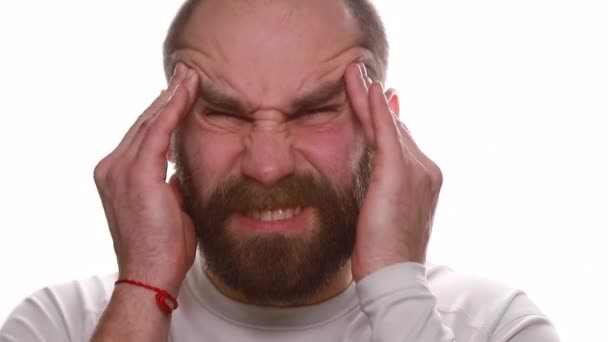 Tired European Man Having Headache Portrait Guy Shirt Isolated White — Stock Video