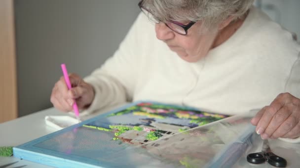 Stara kobieta spędza wolny czas układając diamentową mozaikę — Wideo stockowe